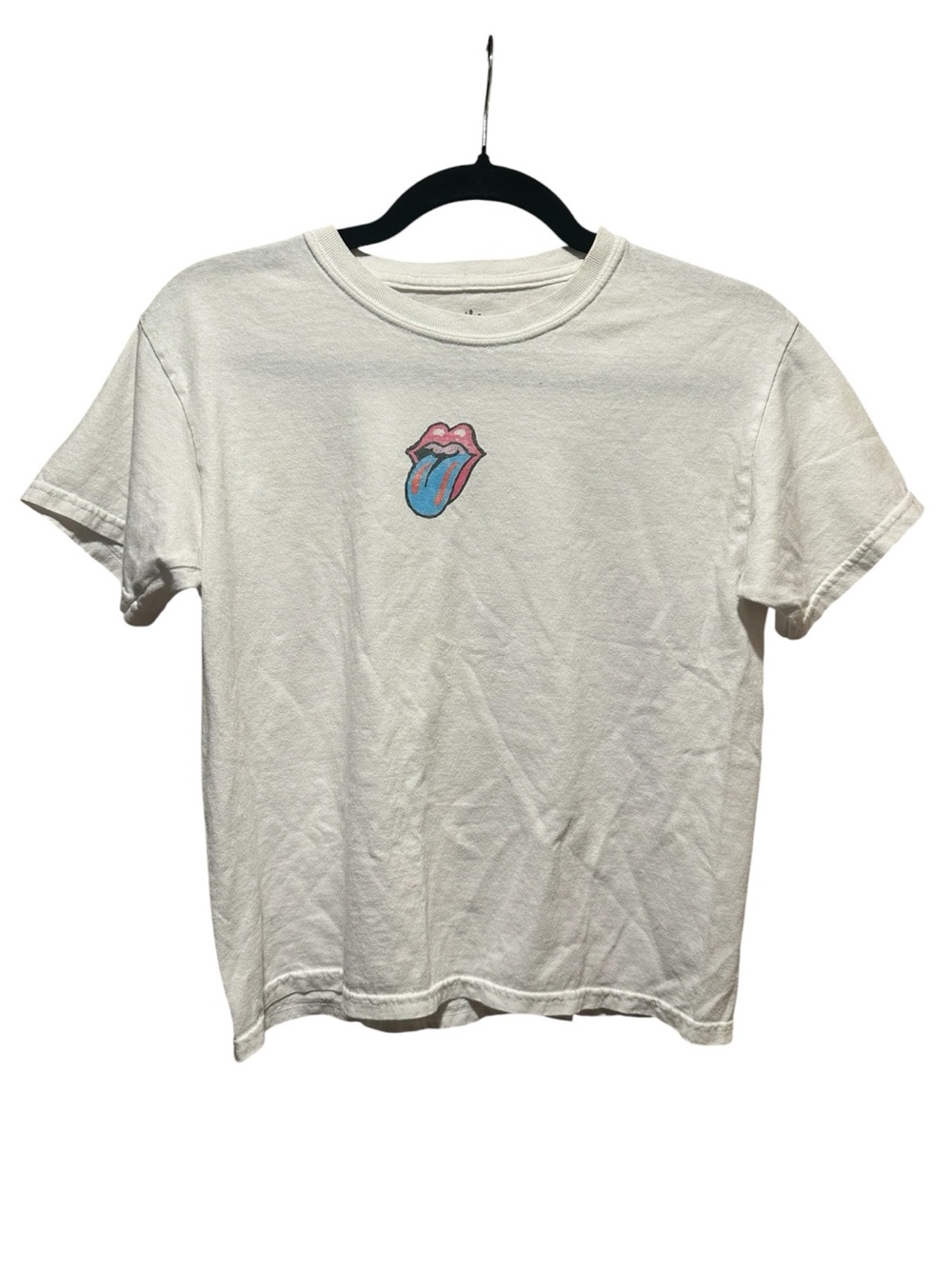the Rolling Stones White Band Tee Black Neckband and Neon  Logo Size M
